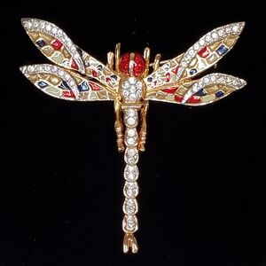 Vintage Gold Tone White Rhinestones & Multi Color Enamel Mosaic Dragonfly Brooch